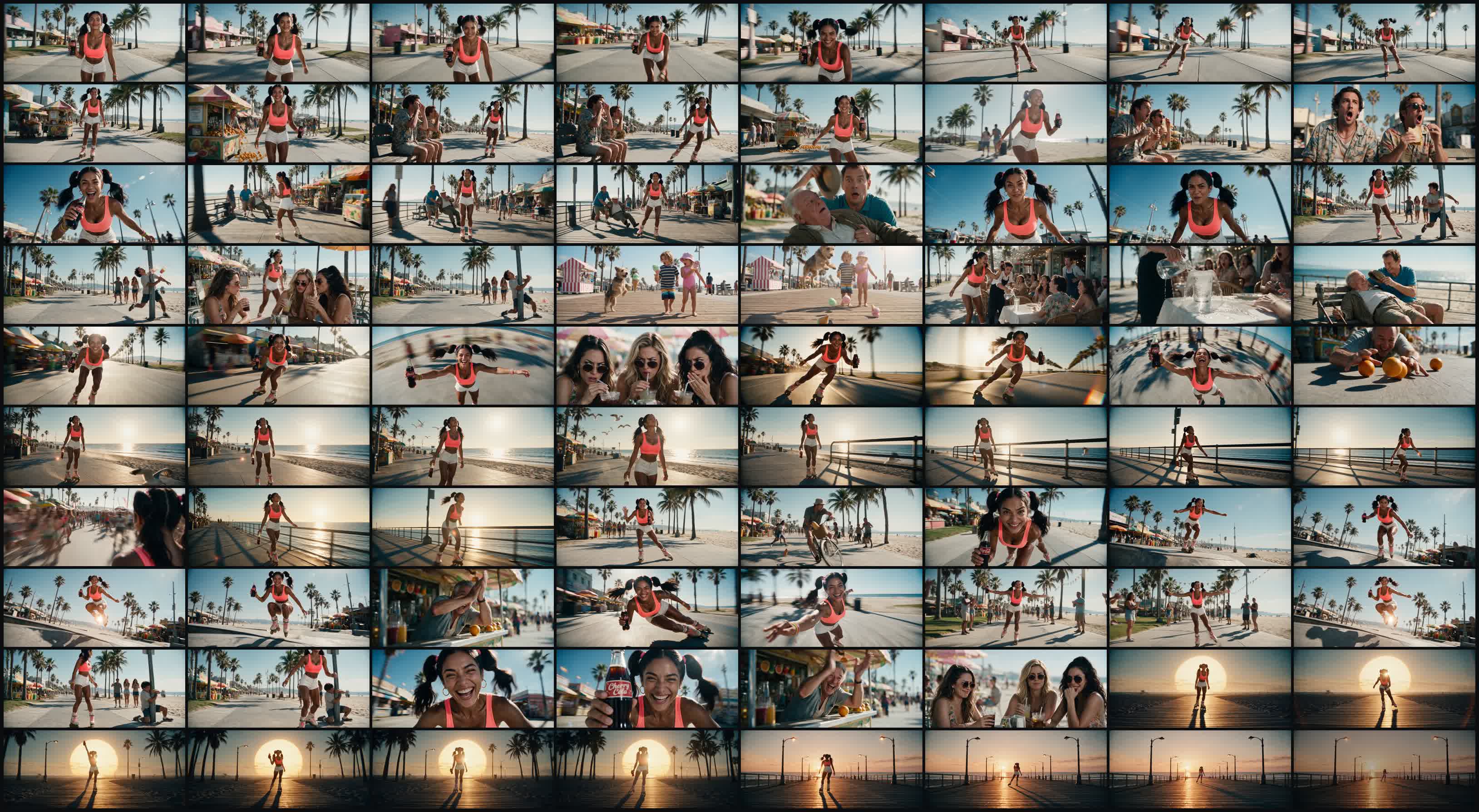Contact sheet of every shot in the AI-generated CHERRY COLA music video by Alex Patrascu, a roller skater on the Venice Beach boardwalk