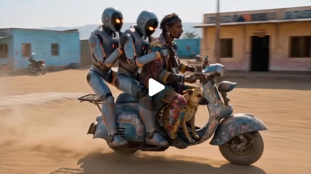 A man rides a decorated scooter through a dusty Indian village with two chrome humanoid robots riding pillion and a dog on the footboard, an AI-generated scene by Lyrebirds