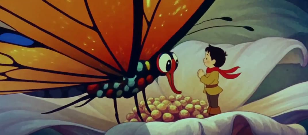 A boy in a yellow tunic and red scarf meets a monarch butterfly on a white flower, from The Seven Doors, generated with the STUDIO 1939 LoRA