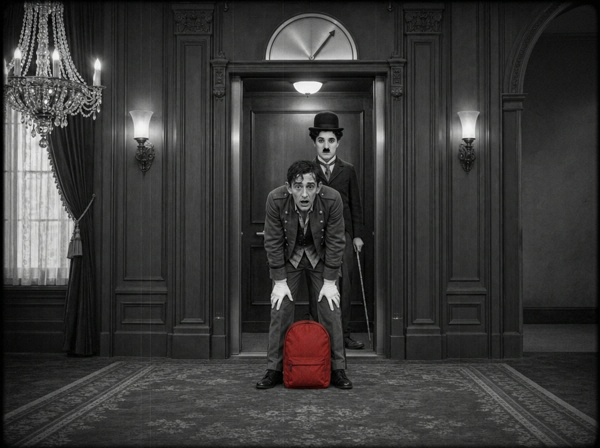 A black and white silent-era hotel corridor with a wide-eyed bellhop bending over a bright red backpack and a bowler-hatted figure standing behind him, generated with Seedance 2.5