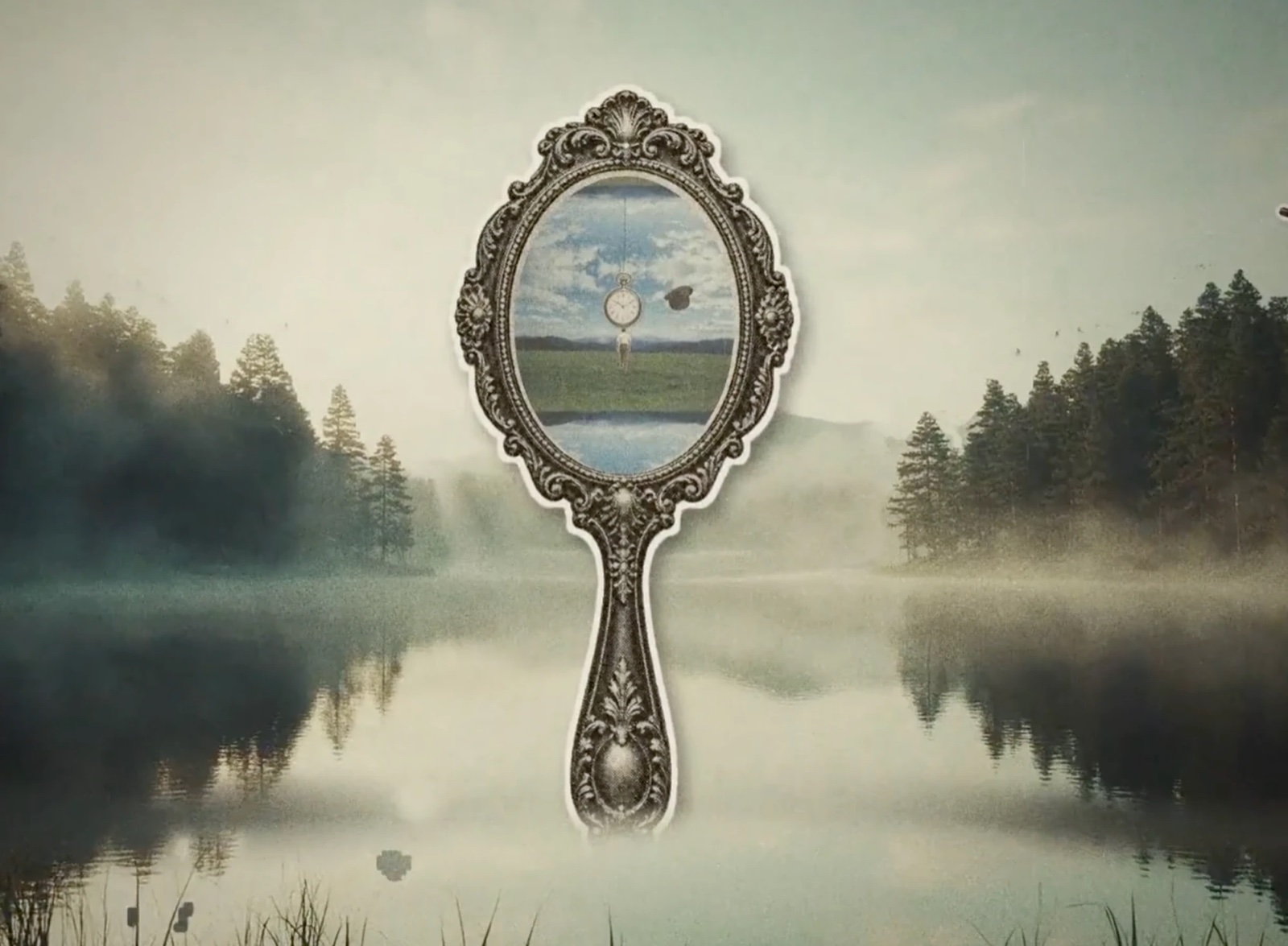 An antique hand mirror floating over a misty lake, holding a field and a hanging pocket watch